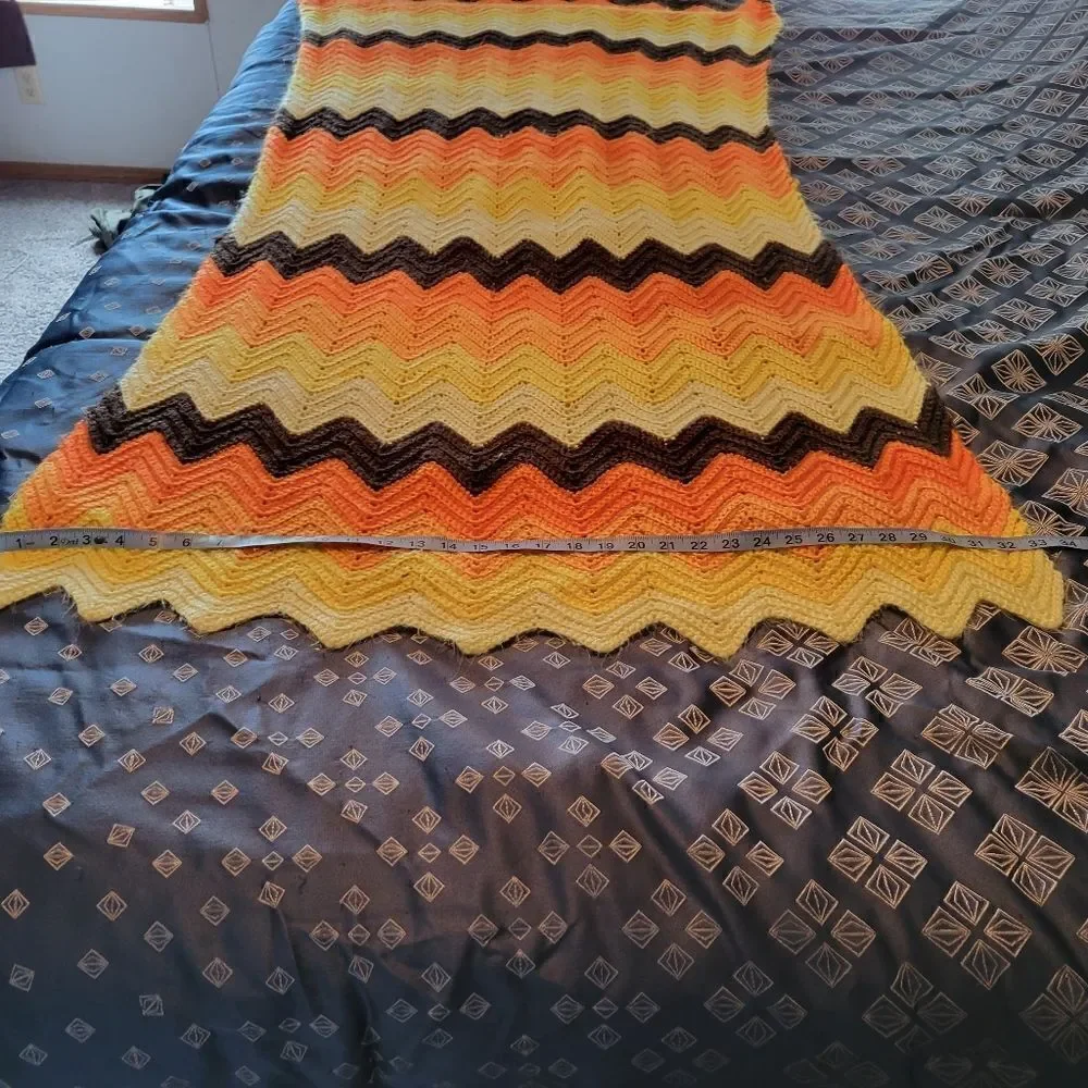 Vintage 70s Afghan Crochet Handmade Orange & Brown Chevron Knit Blanket Throw